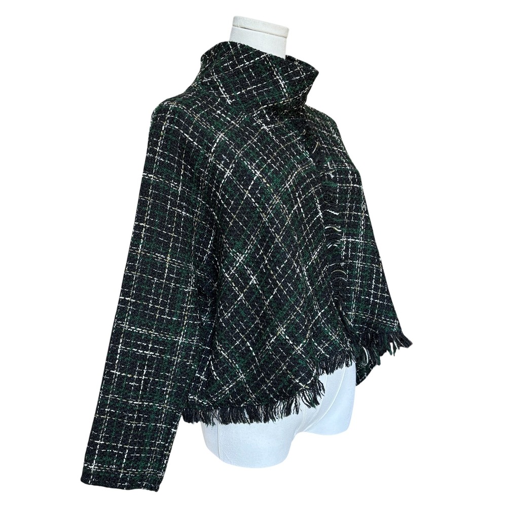 Zara Black Green Plaid Tweed Cropped Sweater Top Fringe Sz M - Picture 2 of 10